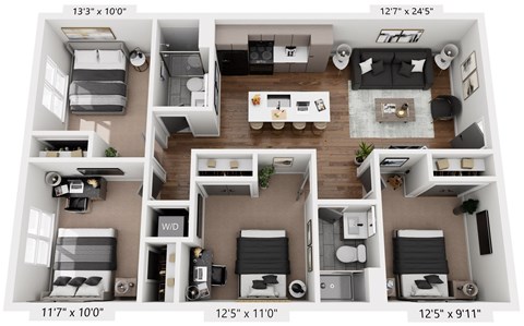 Floor plan for 4 beds, 2 baths, 1019 sqft